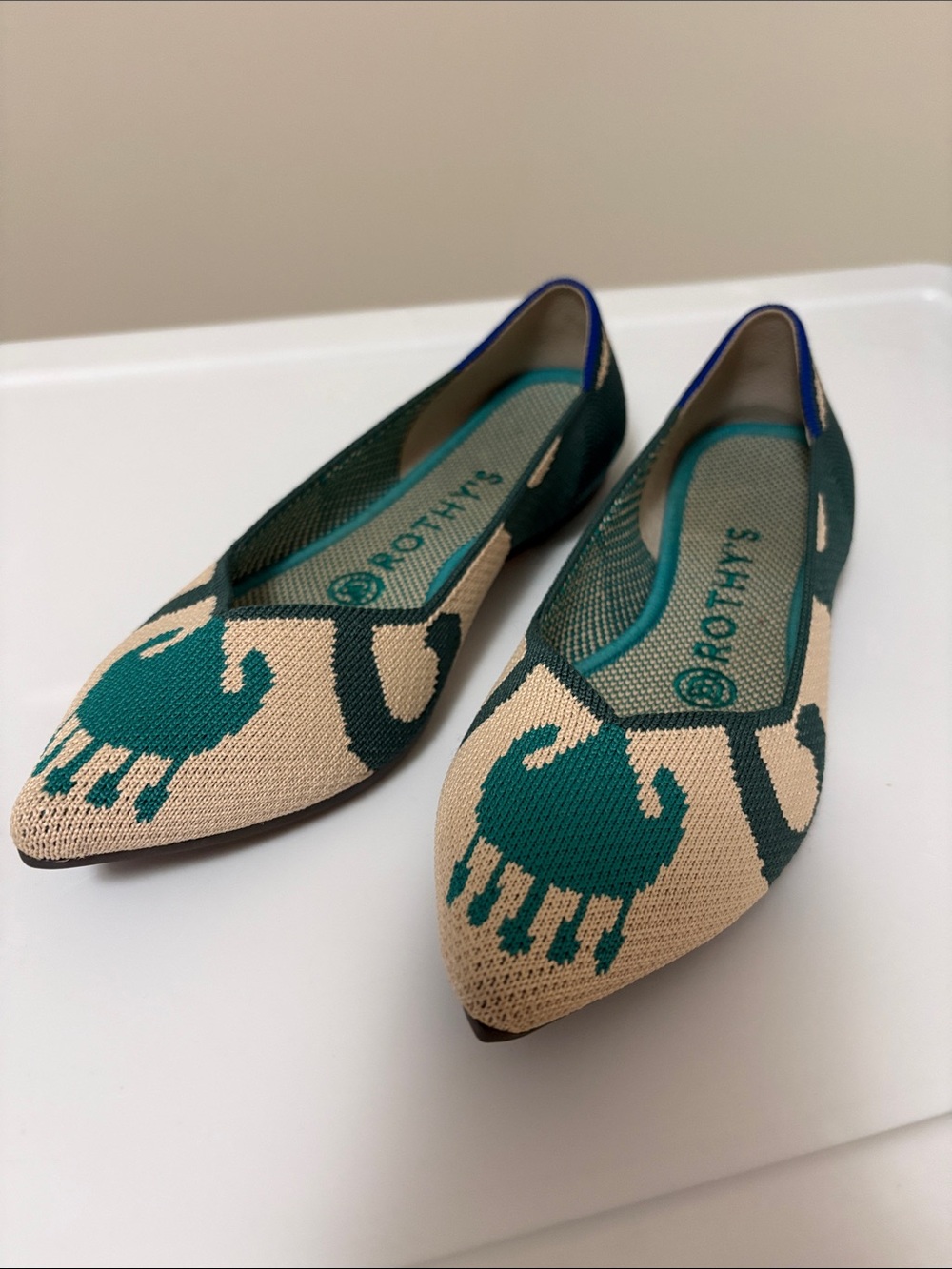 Rothy's Pointed-Toe Knit Flats in Teal & Beige Elephant Motif